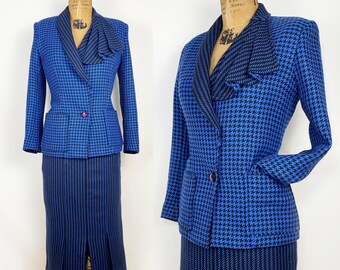80s Lillie Rubin Skirt Suit: Blue Houndstooth Wool Blazer, Asymmetrical Lapel, Carwash Hem Skirt