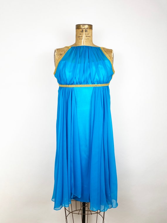 60s Blue Chiffon Grecian Style Gold Dress Cocktai… - image 2