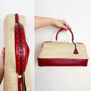50s Designer Handbag Micarl Paris, Red Leather Canvas Satchel Purse, Vintage Top Handle Classic Timeless Accessory, French Leather Bag