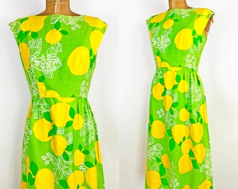 70s Malia Cotton Hawaiian Dress, Lime Green Apple Floral Print Dress