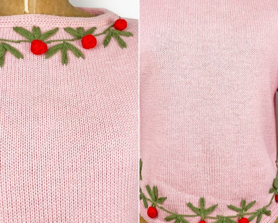 50s 60s Pink Wool Cherries Vintage Novelty Sweate… - image 3