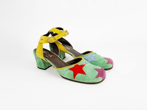 70s Suede Block Heels, Colorful Star Print Ankle Strap Shoes, Rare Vintage Footwear