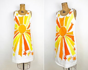 60s Vintage Vera Neumann Cotton Sun Print Dress Summer Jumper Casual Rare Collector&#39;s Piece Size Small Medium