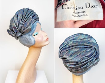 1960s Christian Dior Light Blue Silk Turban Hat With Back  display picture 3