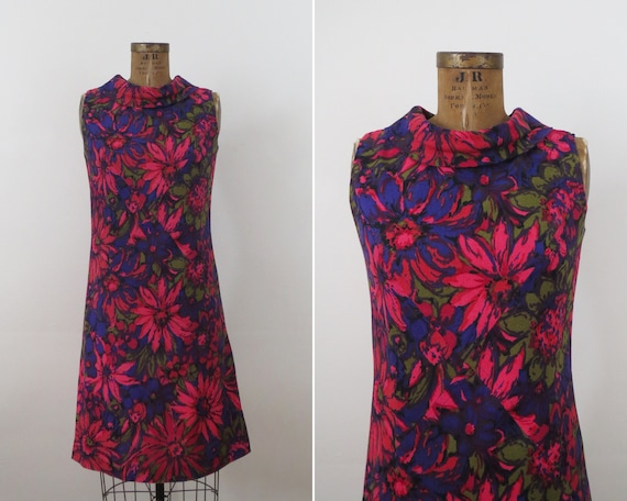 60s Vivid Floral Print Collared Shift Dress Daisy