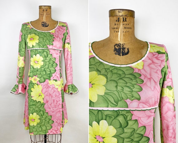 Vintage 1960s Long Green Floral Dress Vintage 1960s Long Green Floral Dress