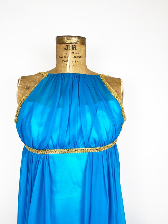 60s Blue Chiffon Grecian Style Gold Dress Cocktai… - image 3
