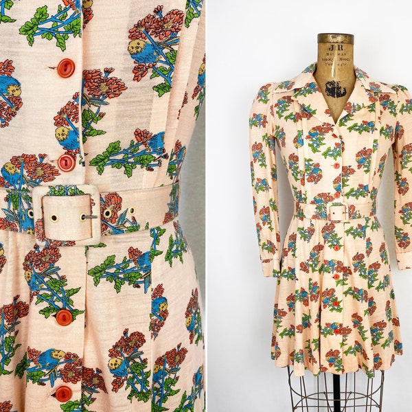70s Bird Floral Print Shirtdress Mini Dress Novelty Print Vintage Parakeet Flowers Collared Long Sleeve Belt XS S