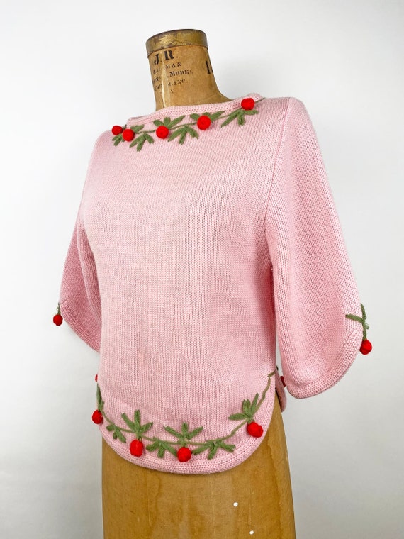 50s 60s Pink Wool Cherries Vintage Novelty Sweate… - image 10