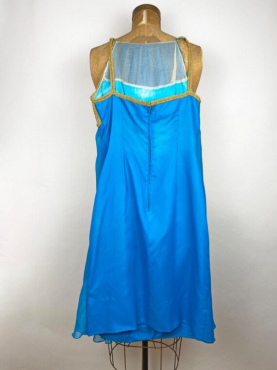 60s Blue Chiffon Grecian Style Gold Dress Cocktai… - image 6