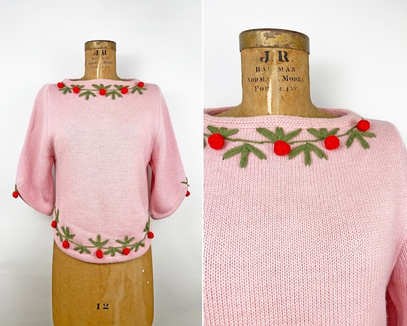 50s 60s Pink Wool Cherries Vintage Novelty Sweate… - image 1
