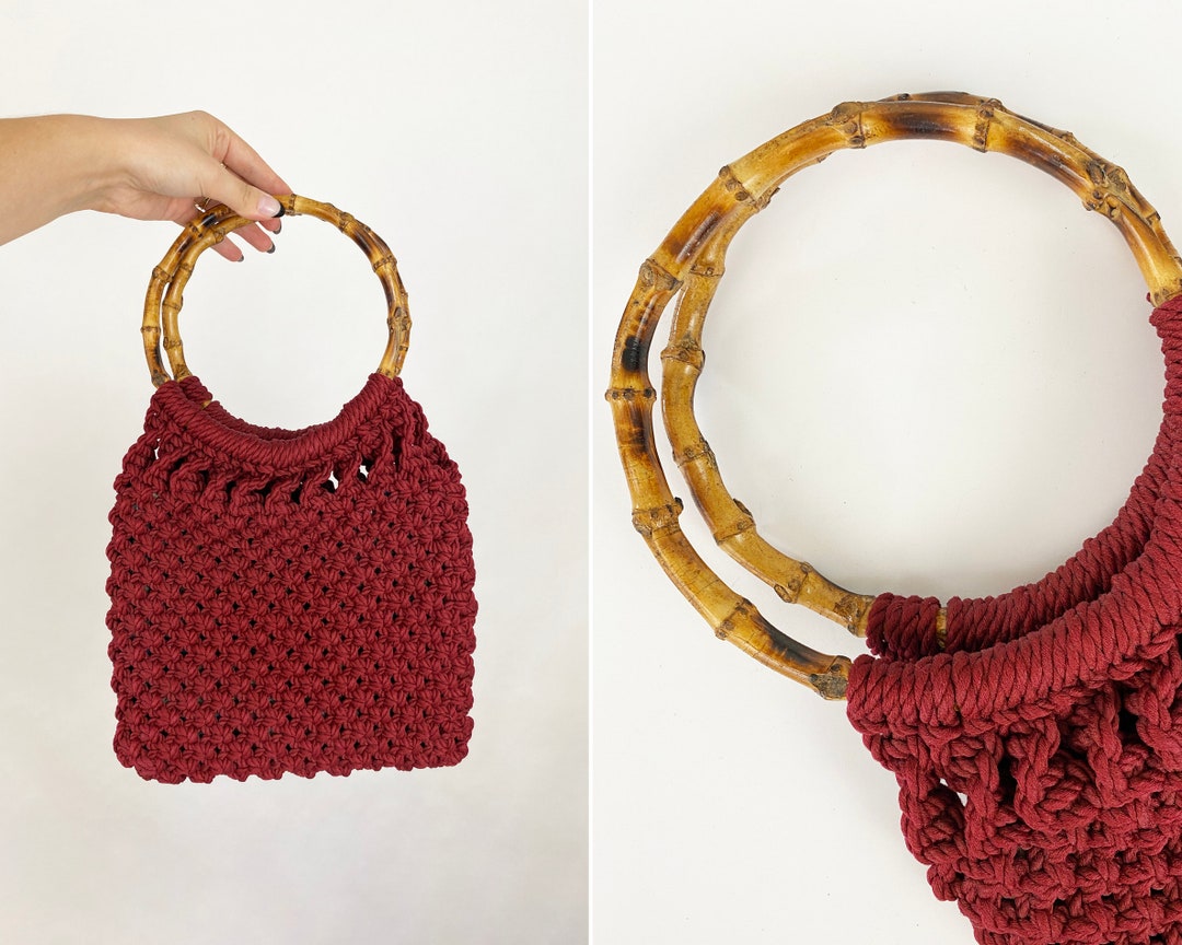 70s Burgundy Crochet Bag Bamboo Handles Handmade Purse Handbag Etsy