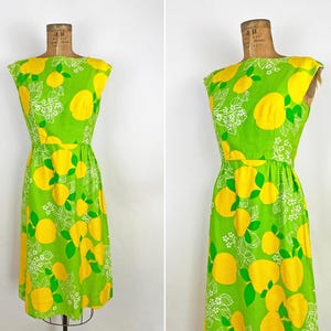 60s 70s Malia Cotton Hawaiian Sleeveless Dress Yellow Apples Lime Green Flower Print Dress