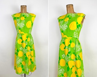 60s 70s Malia Cotton Hawaiian Sleeveless Dress Yellow Apples Lime Green Flower Print Dress