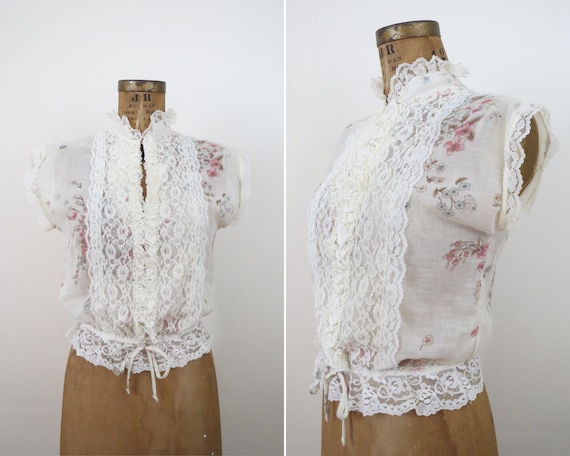 70s Sheer Cotton Cropped Blouse With Lace Ruffles