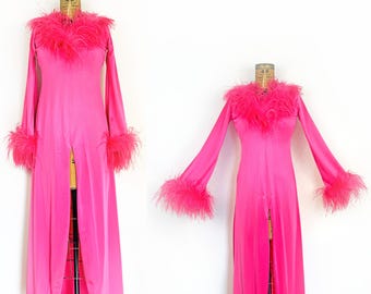 70s Hot Pink Ostrich Feather Maxi Dress, Vintage Pageant Queen Evening Gown with Bodysuit