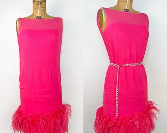 60s Hot Pink Ostrich Feather Cocktail Dress, Vintage Pink Chiffon Party Dress, Sleeveless Wiggle Dress, Old Hollywood Glamour Feather Dress
