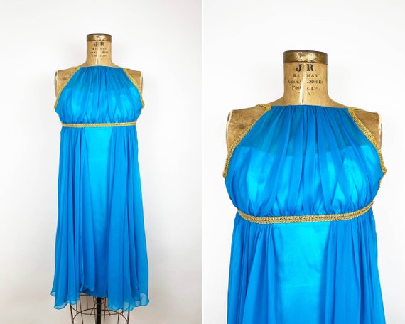 60s Blue Chiffon Grecian Style Gold Dress Cocktai… - image 1