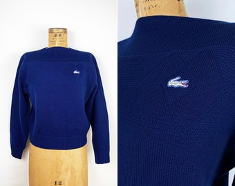 70er Jahre Lacoste Haymaker Vintage Marine Blauer Boatneck Acryl Pullover Nautisch Golf Damen S/M/L