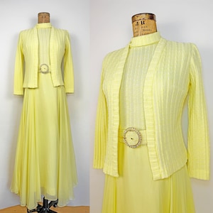 70s Yellow Chiffon Dress Set, Vintage  Jacket and Maxi Dress, Sleeveless Party Dress, Crystal Rhinestone Belt