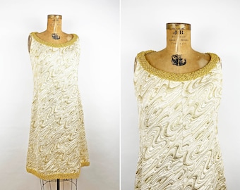 70s Gold Metallic Brocade Abstract Squiggle Vintage Cocktail Party Dress Sleeveless Shift Groovy Small Medium