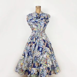 Vintage 50s Fit and Flare Novelty Print Dress, 1950s Full Circle Skirt Cotton Dress, Rare Collectors Novelty Print