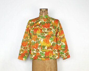 60s psychedelic print top, 1960s novelty print blouse, vintage maximalist long-sleeve shirt