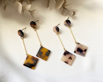 Aria Square Tortoise Drop Earrings, Tortoise Shell Drop Dangle earrings, Acetate Drop Earrings, Resin Drop Earring, Statement Drop Earrings