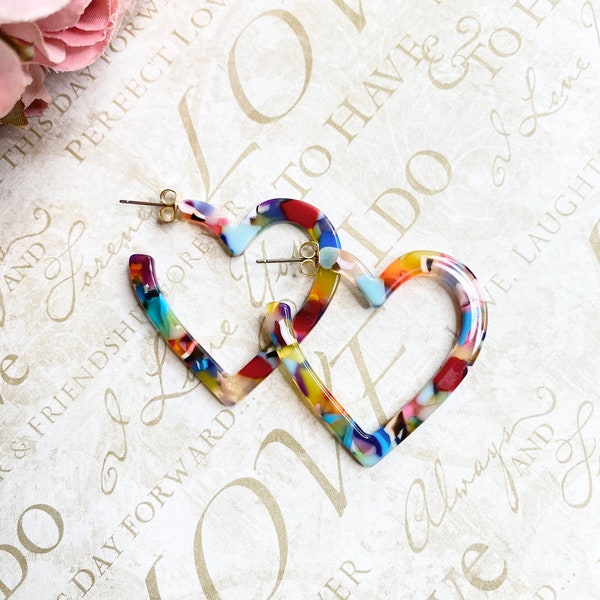 Multi Color Heart Tortoise Hoop Earrings, Rainbow Hoop Earrings, Tortoise Shell Hoop Earrings, Dainty Hoop Earrings, Minimalist Hoop Earring