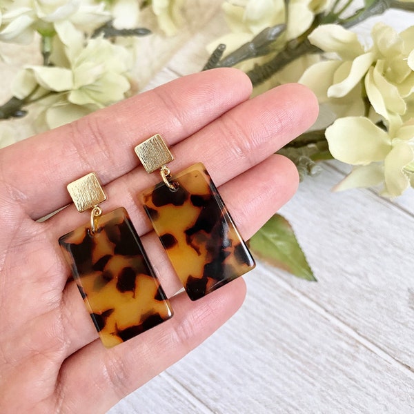 Dark Brown Rectangle 14K Gold Plated Post Tortoise Dangle Earrings, Tortoise Shell Earrings, Tortoiseshell Dangle Earrings, Acetate Earring