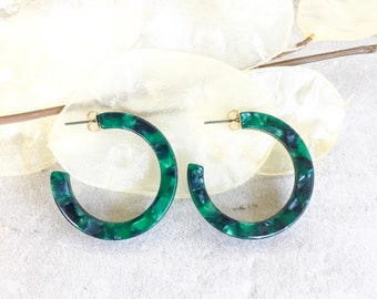 Eden Deep Green Tortoise Hoop Earrings, Lightweight Tortoise Shell Hoop Earrings, Statement Hoop Earrings, Acetate Hoop Earrings, For Her
