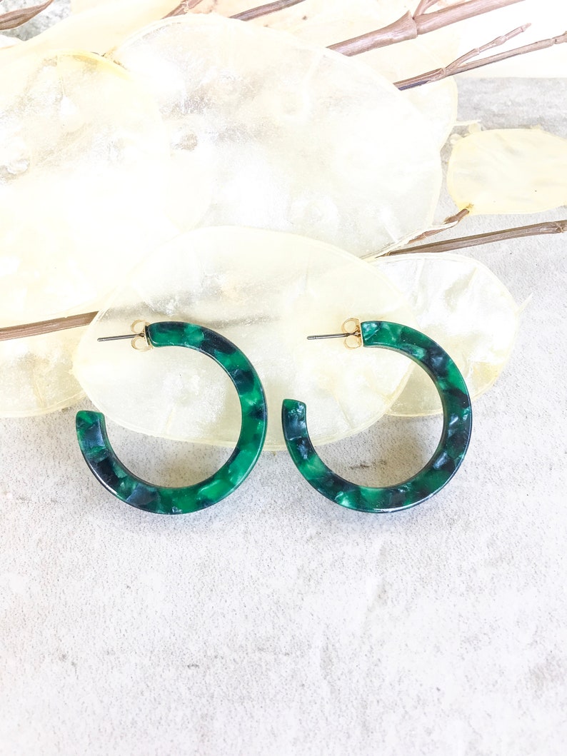 Eden Deep Green Tortoise Hoop Earrings, Lightweight Tortoise Shell Hoop Earrings, Statement Hoop Earrings, Acetate Hoop Earrings, For Her image 1