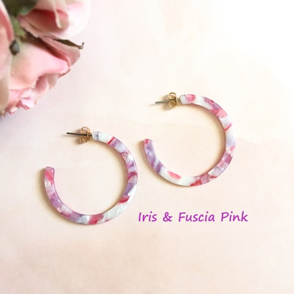 Fuscia Pink Dainty Tortoise Hoop Earrings, Lightweight Tortoise Shell Hoop Earrings, Statement Hoop Earrings, Modern Hoop Earrings, For Her