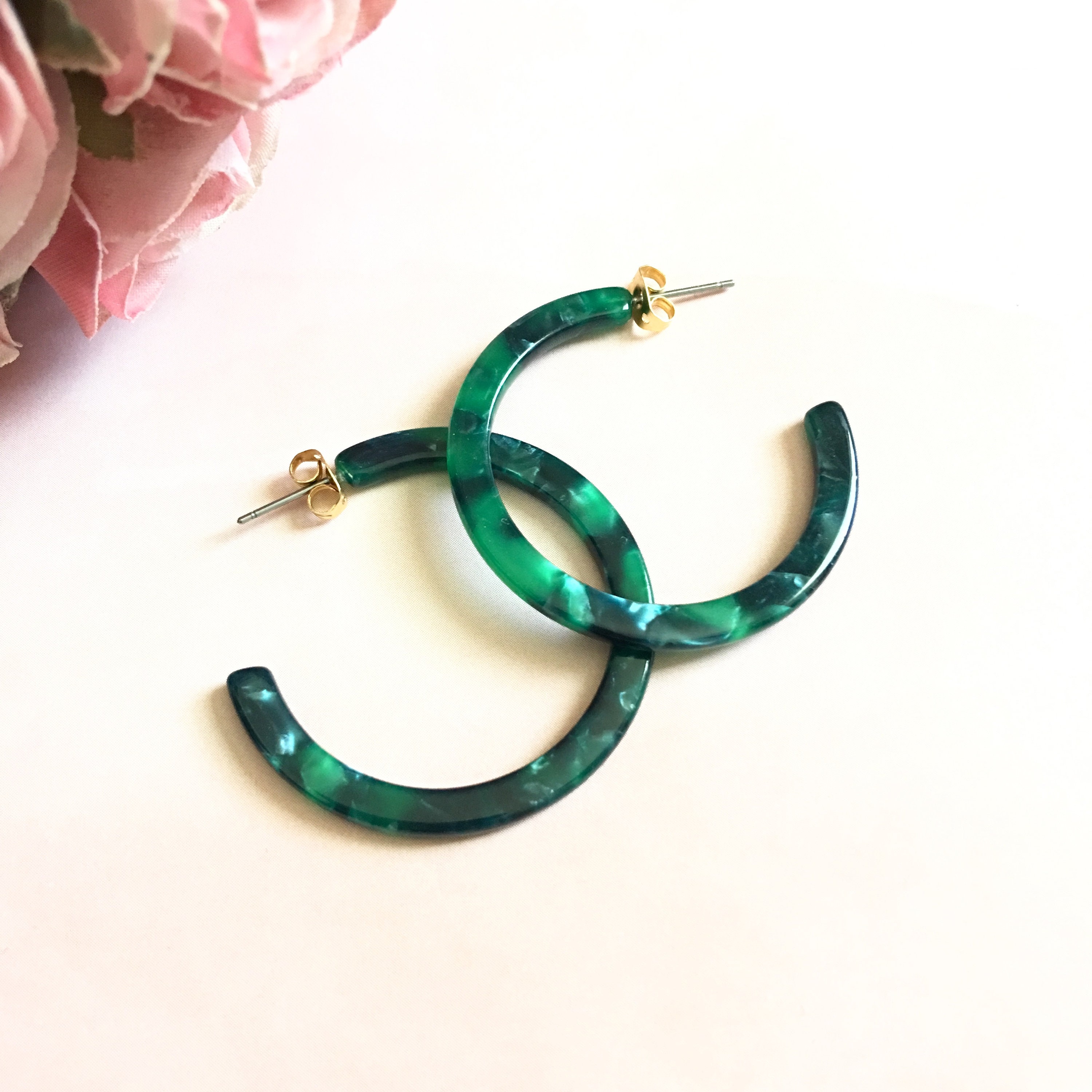 Deep Green Tortoise Hoop Earrings Dainty Tortoise Shell Hoop