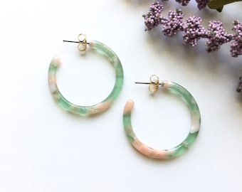 Brea Green Peach Tortoise Hoop Earrings, Tortoise Shell Hoop Earrings, Acetate Hoop Earrings, Statement Hoop Earrings, Resin Hoop Earrings