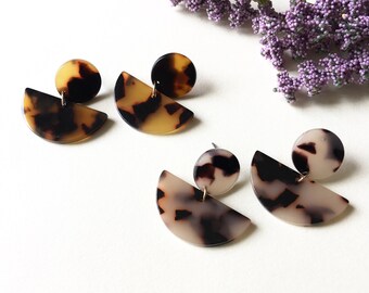 31mm Half Circle Disc Dangle Tortoise Shell Earrings | Tortoise Shell Dangle Earrings | Acetate Drop Earrings | Resin Drop Earrings | N