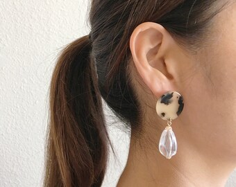 Clear Lucite Teardrop Dangle Earrings with Tortoise Acetate Disc Post | Tortoise Shell Earrings | Acetate Earrings | Gift For Her | B-29