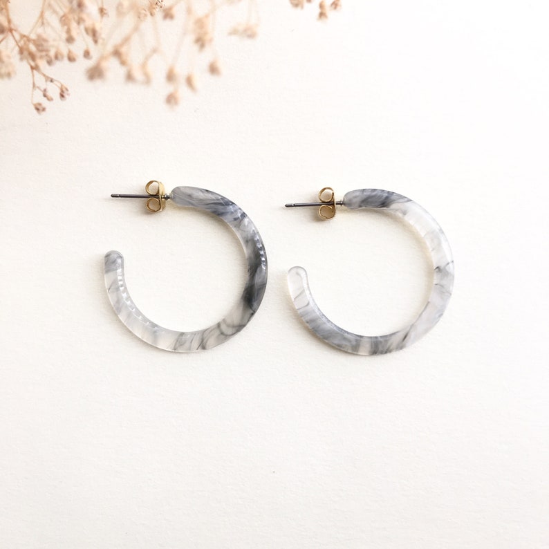 Tortoise Shell Earrings 33mm Light Gray Tortoise Shell Hoop Acetate Earrings Tortoise Shell Hoops For Her B-17 Acetate Hoop Earrings