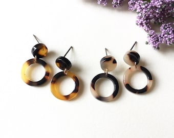 Minimalist Circle Ring Tortoise Shell Earrings, Tortoiseshell Earrings, Tortoise Dangle Earrings, Acetate Earrings, Resin drop earrings