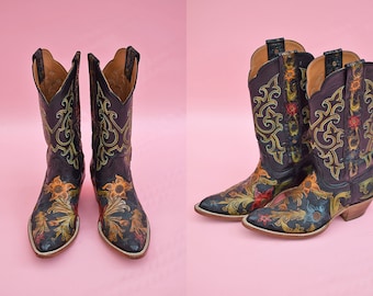 Black Jack Cowboy Boots Western Hand Tooled Embroidered Embossed Floral Design