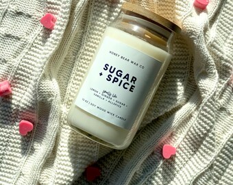SUGAR + SPICE Glass Beer Can Candle | Soy Crackling Wood Wick | Reusable Eco-Friendly | Valentine's Day | Non-Toxic Natural Biodegradable