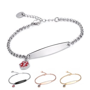 CUSTOM ENGRAVE! Silver, Rose or Gold Stainless Simple Rolo Chain & Medical Charm Bracelet