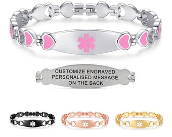 May include: Silver bracelet with pink heart charms and a medical ID tag with a pink star of life symbol. The tag has space on the back for a personalized message.  Customize Engraved Personalised Message On The Back.
