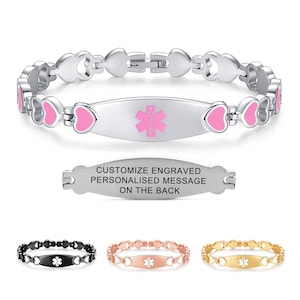 CUSTOM ENGRAVE!  Stainless Steel Heart Link Medical Id Bracelet 4 Colors!