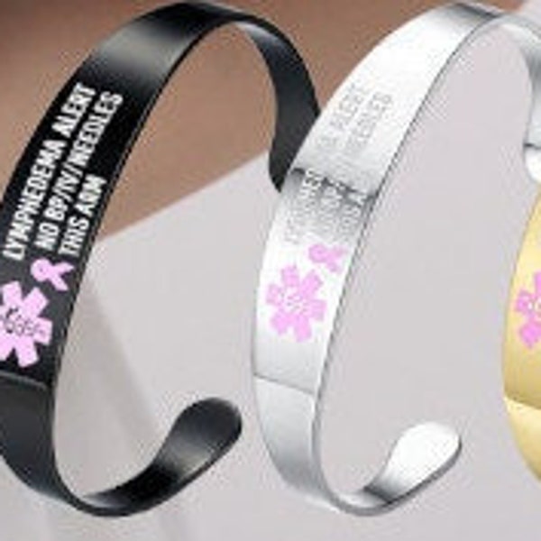 3 Colors! Lymphedema Alert No BP IV Medical ID Pink Ribbon Stainless Cuff Bracelet