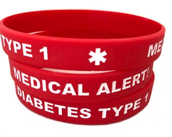 Larger Adult Size Diabetes Type 1 or Type 2 Red Silicone Medical ID Bracelets (Lot of 2)