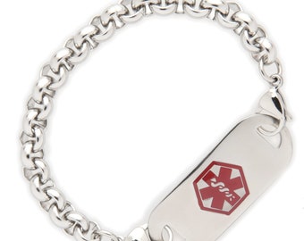 Many Pre-Engraved Conditions Medical ID Stainless Puffy Heart Link Bracelet with Tag