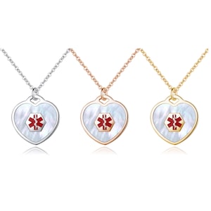 CUSTOM Engrave ~ 3 Colors! Mother of Pearl Heart Charm Medical ID Alert Pendant Necklace