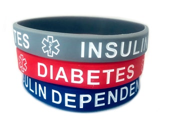 Diabetes Insulin Dependent Adult Silicone Bracelets Lot of 2 or 3 (Royal, Red or Gray)