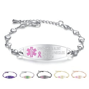 5 Colors! Oil Slick,Silver, Black Gold, Rose Lymphedema NO BP Medical Alert ID Stainless Heart Bracelet